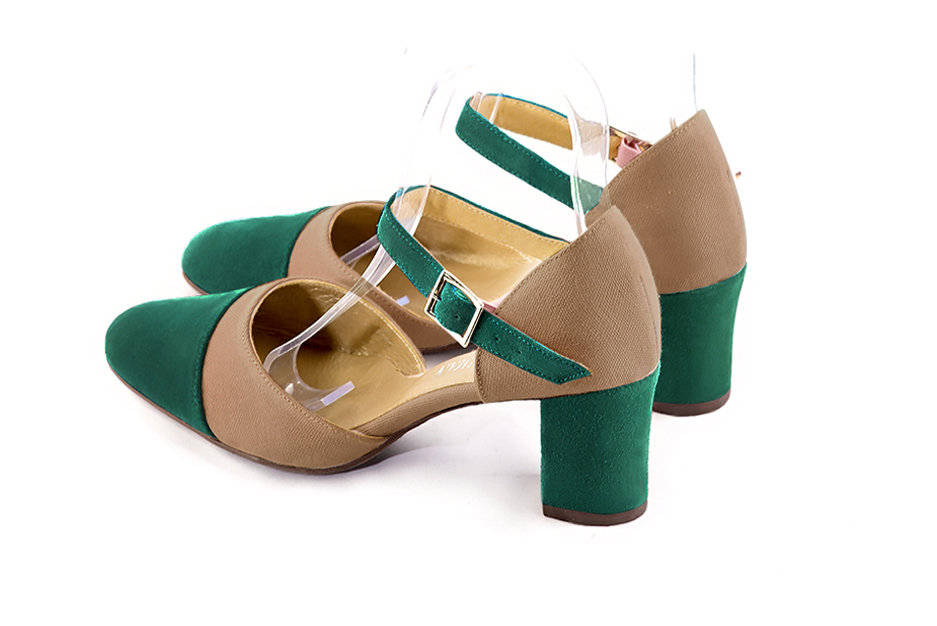 Women's emerald green and tan beige open side dress shoes, with an instep strap. Round toe. Medium block heels - Rear view